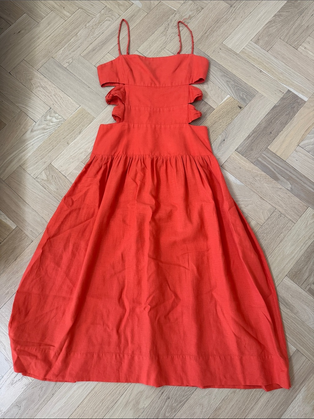 FARM Rio Orange Red Cutout Spaghetti-Strap Midi Dress